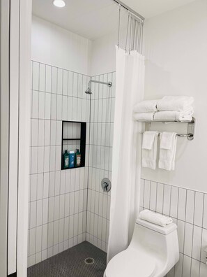 Shower, hair dryer, towels