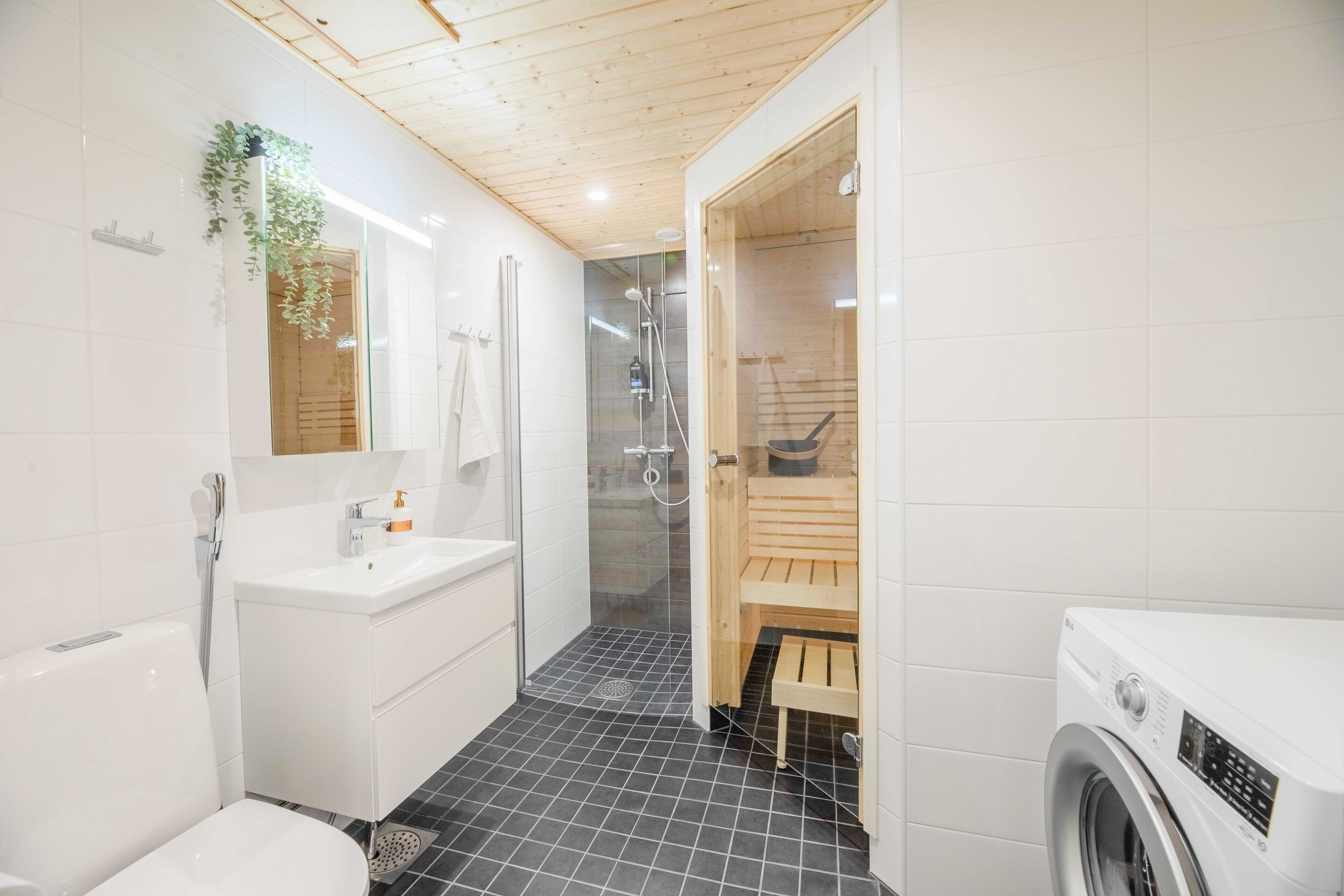 Deluxe-huoneisto, 2 makuuhuonetta, sauna, kaupunkinäköala | Kylpyhuone | Suihku, hiustenkuivaaja, kylpytakit, bidee