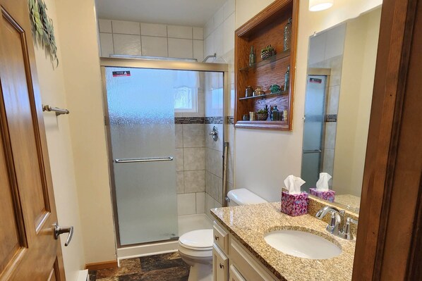 A bathroom with a glass shower enclosure, a toilet, a sink with a vanity, and a mirror. - *Family Retreat* *Indoor Pool* *Arcade* (Janesville)