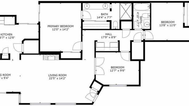 A floor plan of a house with a kitchen, dining room, living room, two bedrooms, a bathroom, and a hall.
