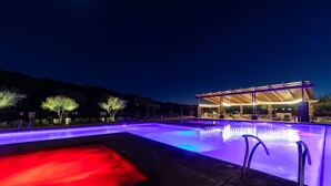 Une piscine dotée d’une zone couverte et d’un espace éclairé de lumières rouges, entourée d’arbres et surplombant un ciel nocturne.