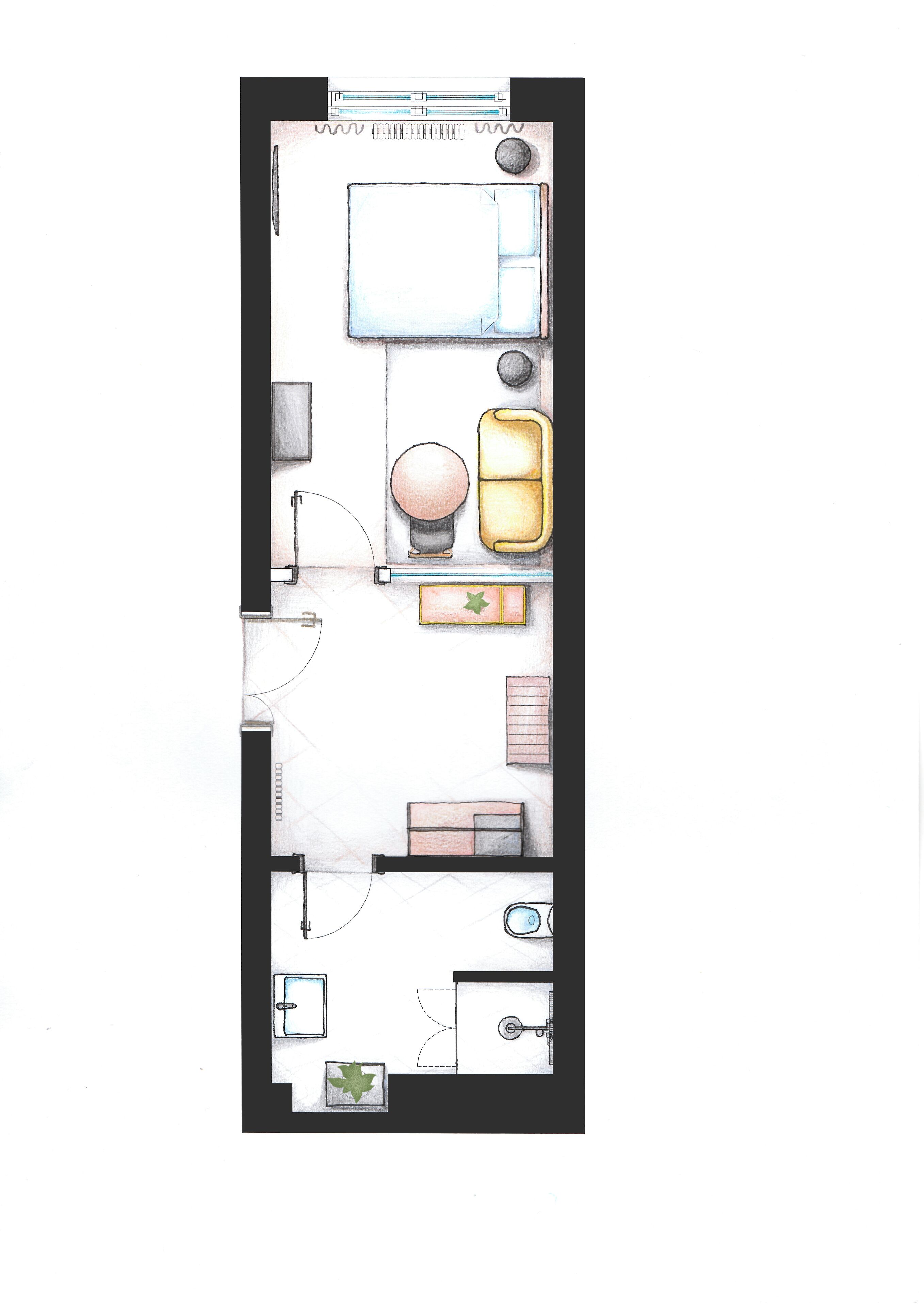 Pianta di un albergo che mostra un letto, una scrivania, una sedia, un armadio, un bagno e una piccola area salotto.