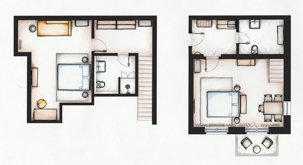 Deux plans d’étage d’une chambre d’hôtel comprenant une salle de bain, une cuisine, un espace de vie et un balcon.