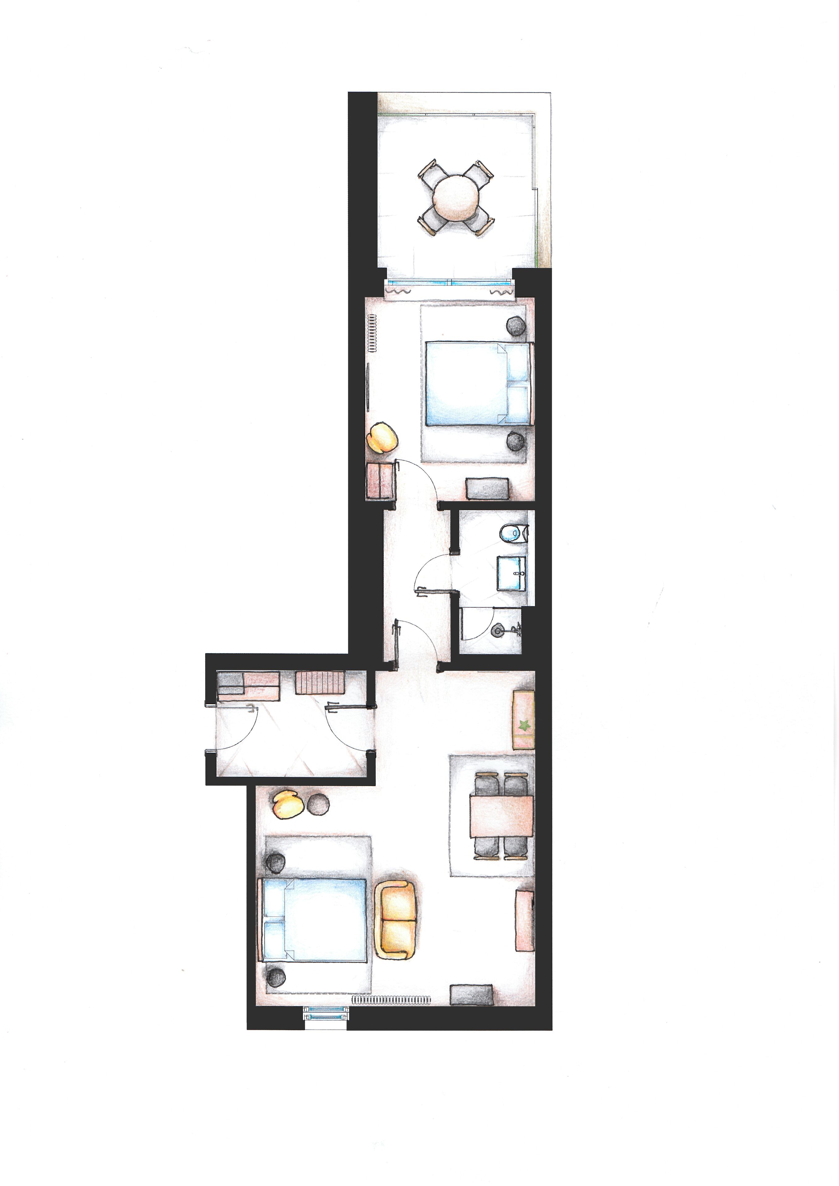 A floor plan of a hotel room with a bed, a desk, a chair, a small table, and a bathroom.