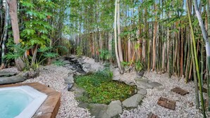Un jardin doté d’un jacuzzi, de plantes en bambou et d’un sentier en pierre.