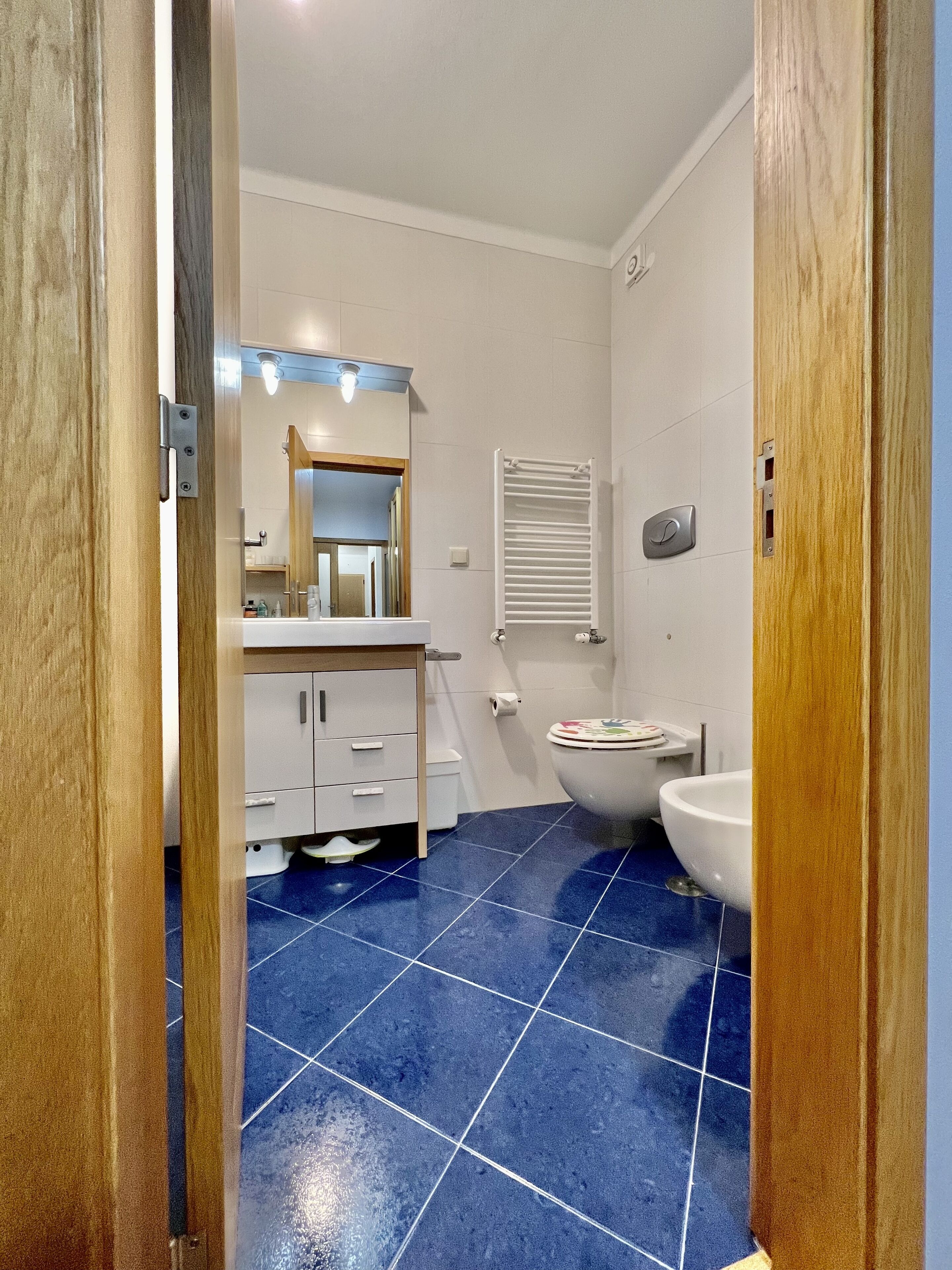 A bathroom with a white sink, mirror, and toilet. The floor is covered with blue tiles.