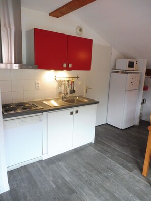 Een koelkast, een microgolfoven, een kookplaat, een vaatwasser