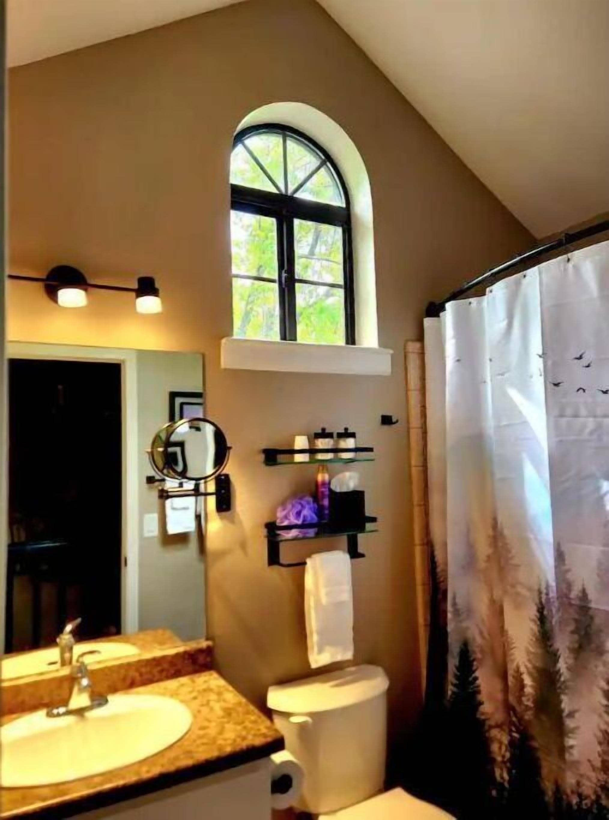 Combined shower/tub, hair dryer, towels, soap