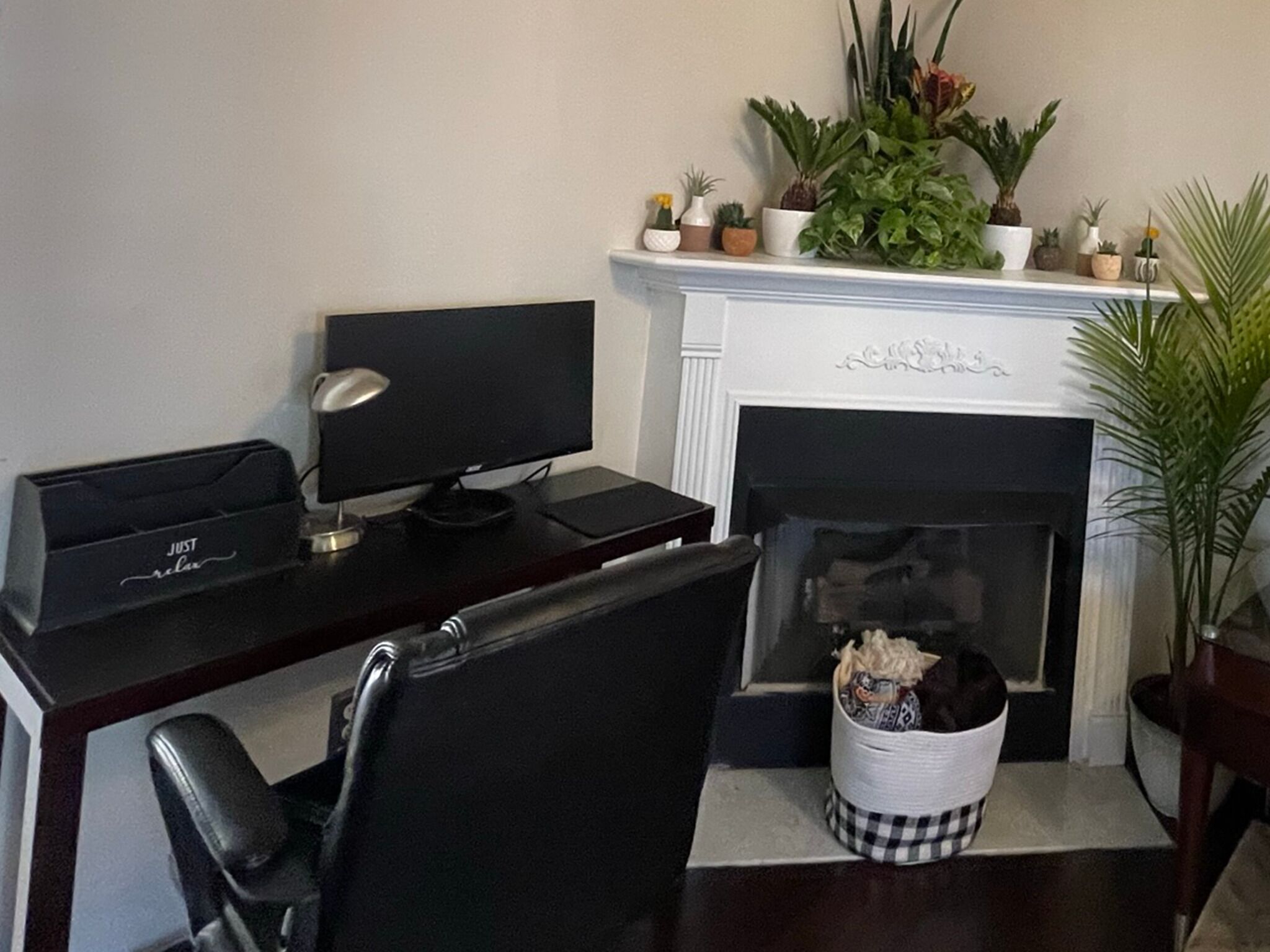 A home office with a desk, computer, and a fireplace. There are plants on the mantel and a basket with a cat.