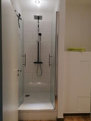Regadera, toallas, jabón, papel de baño 
