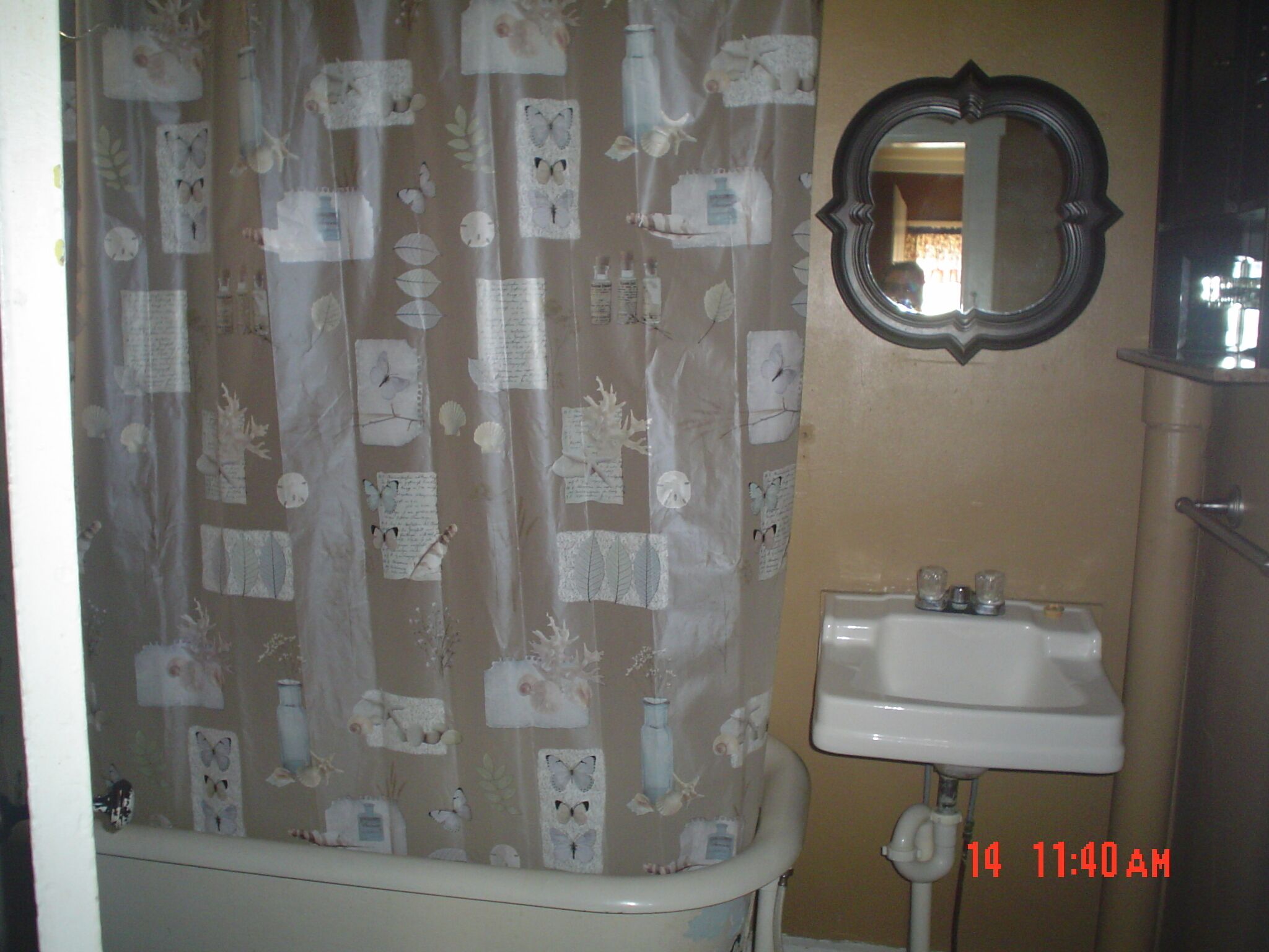 A bathroom with a shower curtain featuring floral and butterfly patterns, a white sink, and a mirror on the wall.