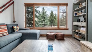 A cozy living room with a large window, a blue sofa, a wooden coffee table, and a bookshelf. - Luxurious Condo Gated Community Pool Hot Tubs (Edwards)