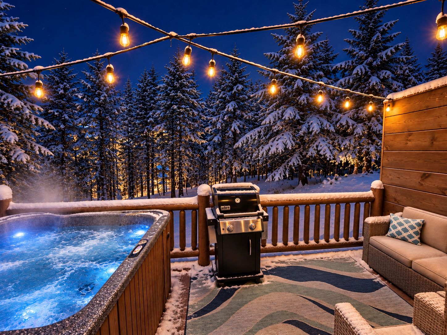 A hot tub with a wooden deck, a barbecue grill, and a cozy seating area with a cushion.
