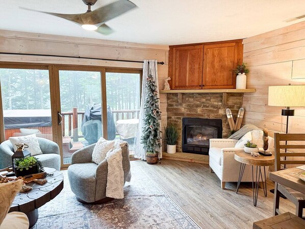 TV connectée, cheminée, jeux vidéo, livres