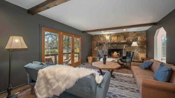 TV, fireplace, DVD player, foosball