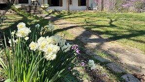 Una casa de fusta de dos pisos amb un balcó, envoltada d'un jardí ple de narcisos i altres flors.