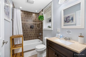 Hair dryer, towels, soap, shampoo