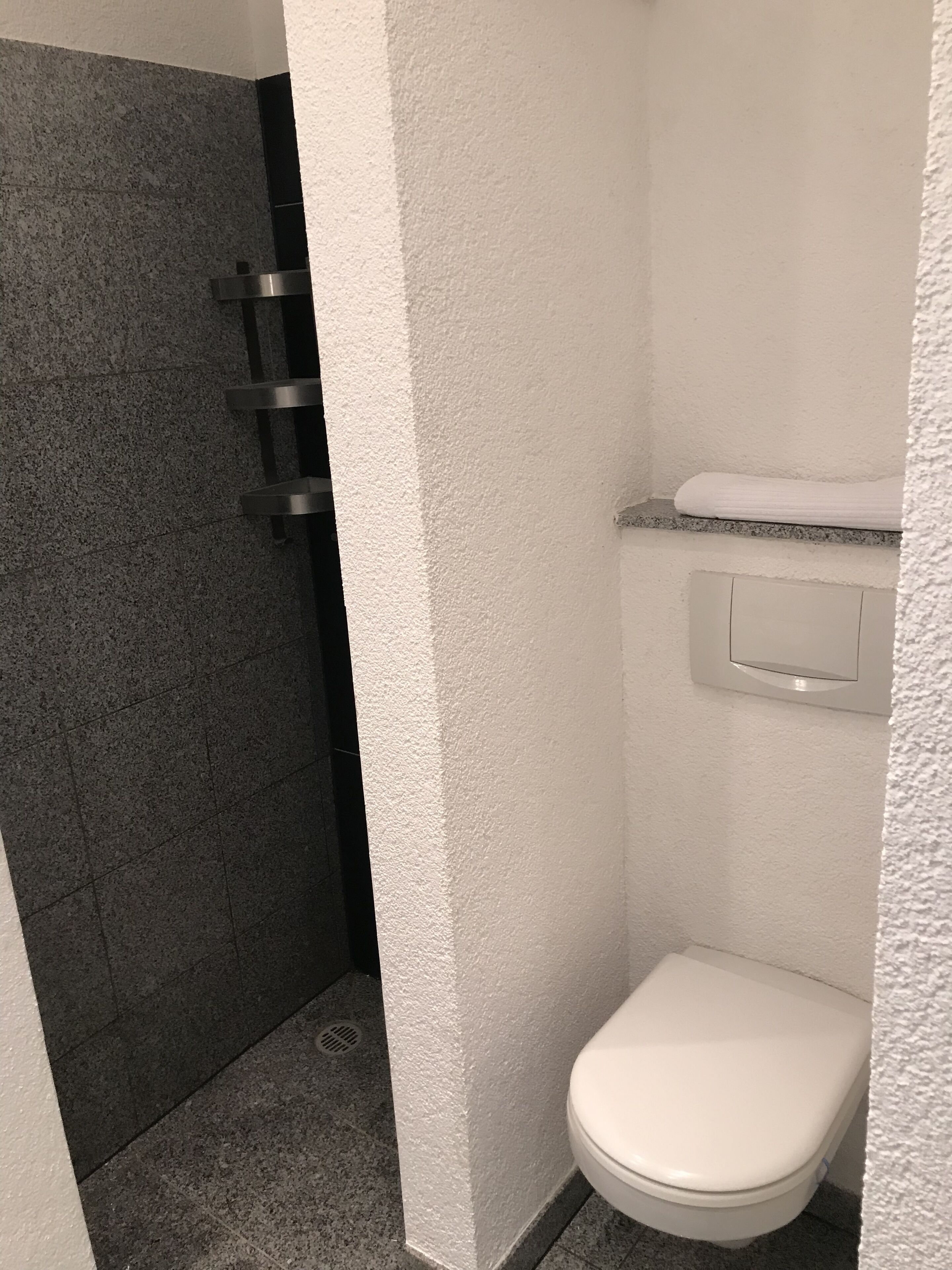 A small, compact bathroom with a white toilet, a shower area with a dark tiled wall, and a white towel on a shelf.