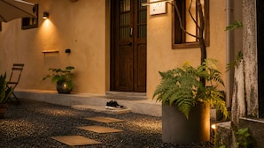 A building entrance with a wooden door, a potted plant, and a pair of shoes on the steps. - Twilight Stone (New Taipei City)
