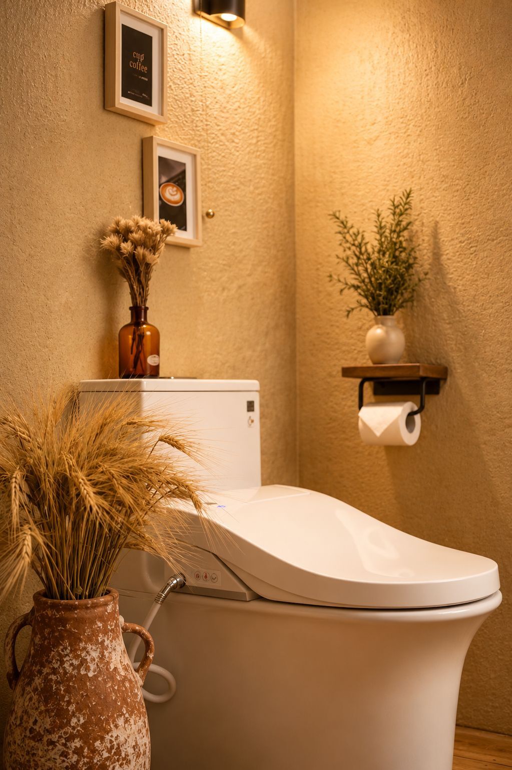 A bathroom with a toilet, a vase with dried plants, and a framed picture on the wall.
