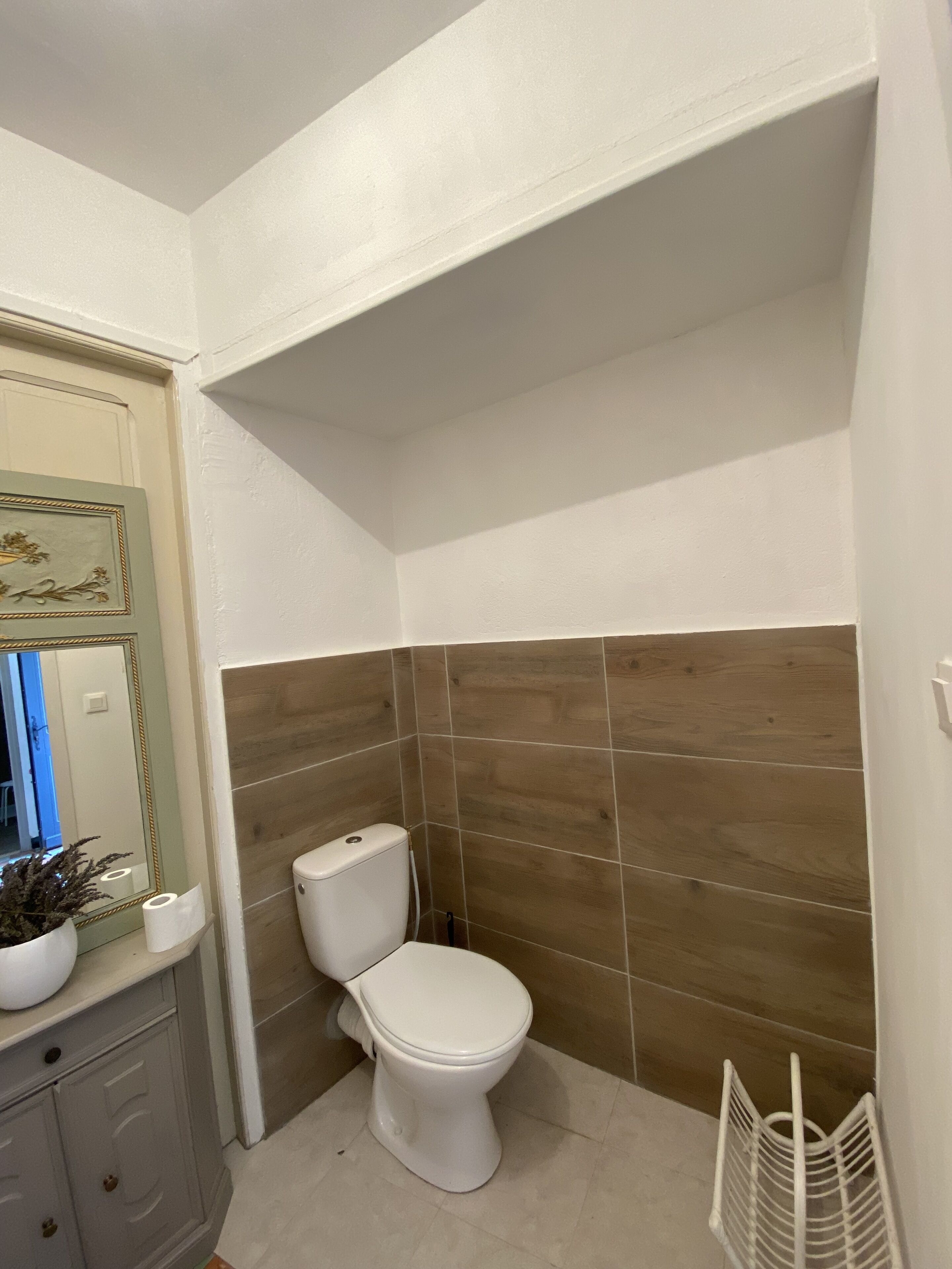 A bathroom with a toilet, a mirror, and a sink.