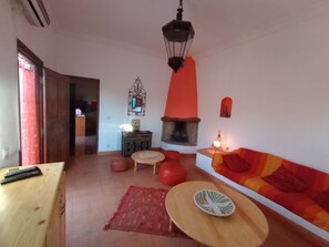 Télévision, cheminée, livres, chaîne hi-fi