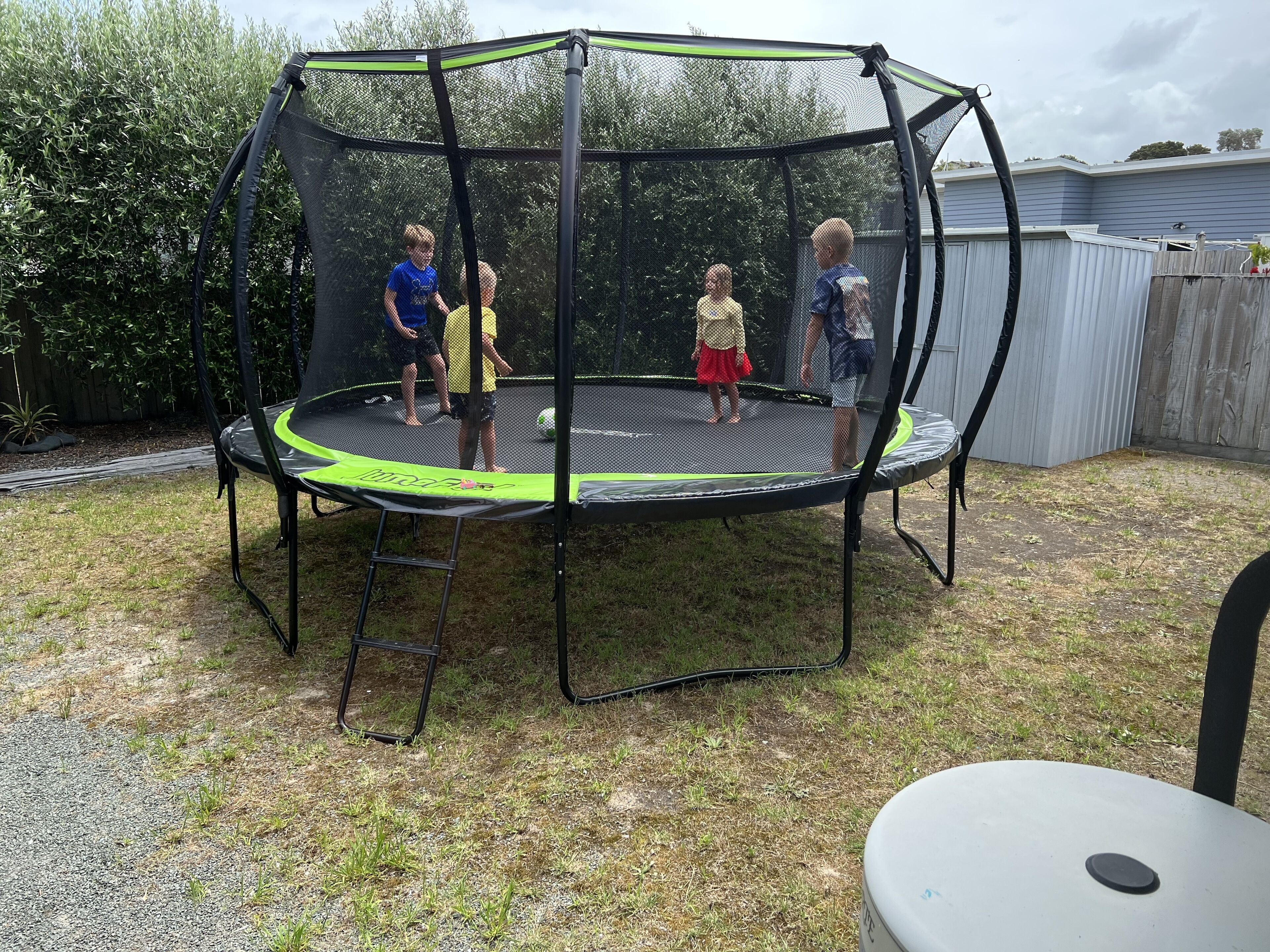 A trampoline with a safety net enclosure in a backyard.