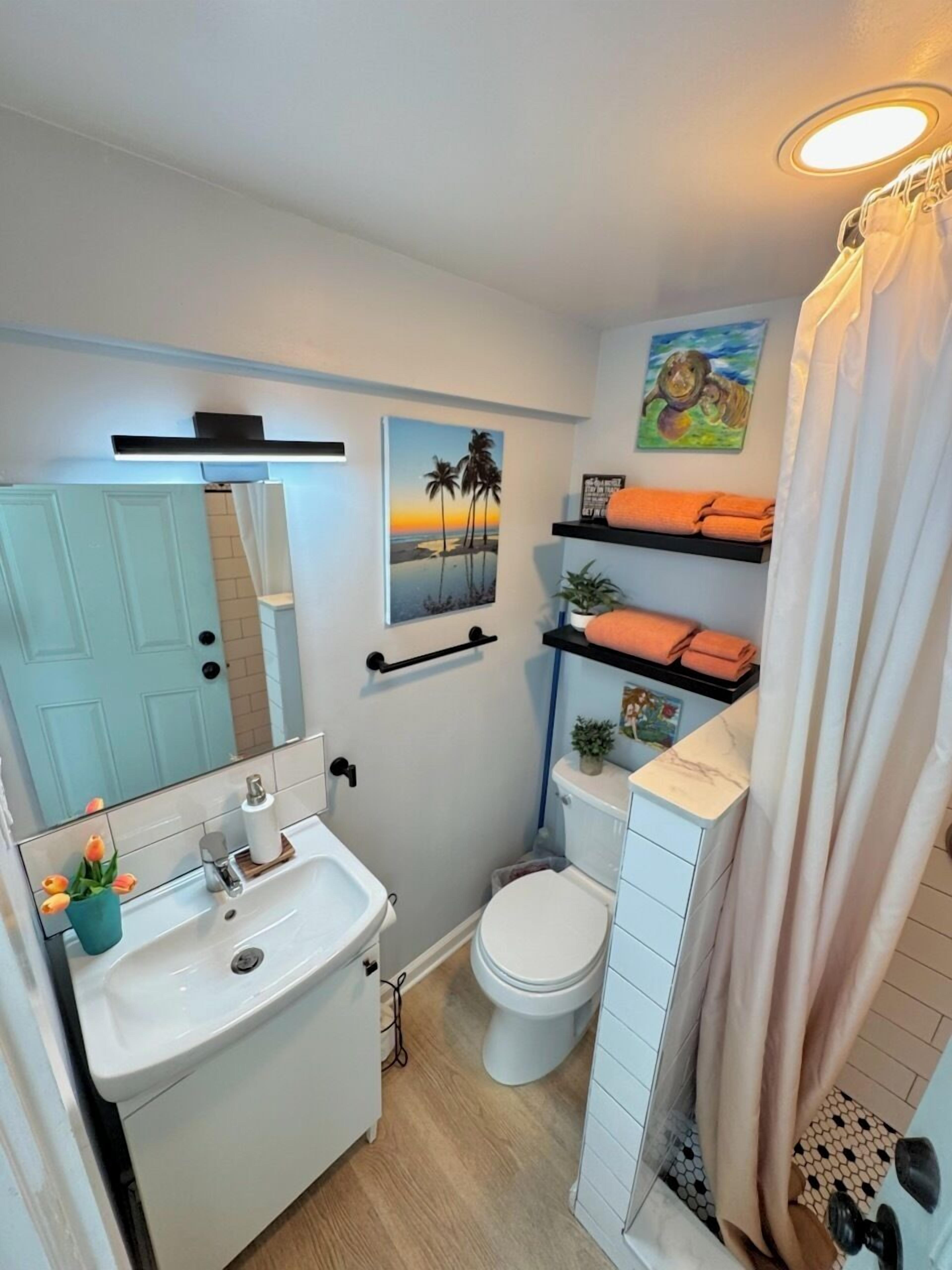 Un baño pequeño con lavamanos, inodoro y cortina de ducha blancos. Hay una repisa con toallas y una planta pequeña.