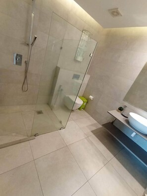 Douche, baignoire à jets, bidet, serviettes fournies