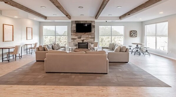 Smart TV, fireplace, table football, offices