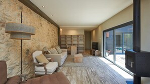 Un salon moderne avec un mur en pierre, une cheminée, un ensemble de canapés et un téléviseur.
