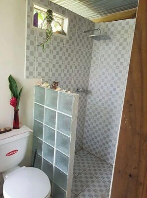 Une salle de bain comprenant des toilettes, une douche avec une paroi en verre et une fenêtre donnant sur un espace verdoyant.