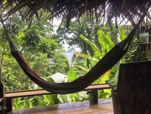 Relax in a hammock suspended between trees, overlooking a serene water view.
