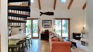 Smart TV, fireplace, books