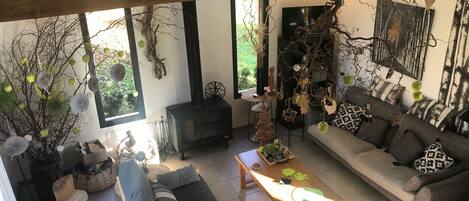 Télévision, cheminée, lecteur de DVD, baby-foot