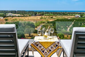 A table with a wine bottle and glasses, overlooking a coastal landscape with greenery and buildings.