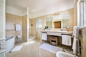 Bathtub, hair dryer, towels