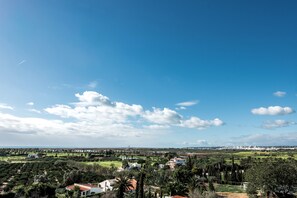 A rural landscape with a clear sky, a few clouds, and a distant view of a town.