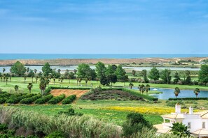A golf course with a view of the sea, surrounded by greenery and palm trees.