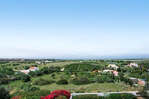 A rural landscape with houses, greenery, and a clear sky.