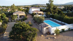 Zona residenziale con piscina, circondata da alberi e un giardino.