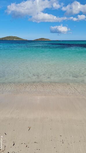 Ein Strand mit klarem türkisblauem Wasser, einem sandigen Ufer und einer entfernten Insel.