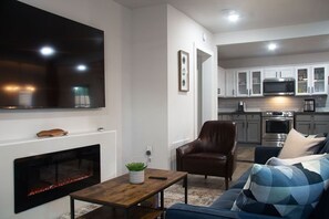 Smart TV, fireplace, DVD player, music library