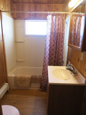 Tina con regadera, toallas, papel de baño 