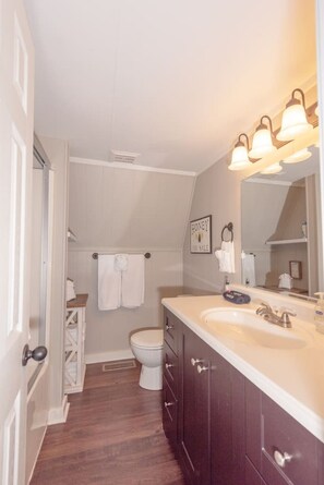 A narrow bathroom with a white toilet, a vanity with a mirror, and a shower area. - Cheerful 3 Bedroom Swiss Chalet at Table Rock Lake (Lampe)