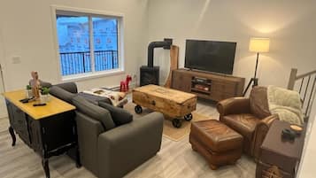 TV connectée, cheminée, livres