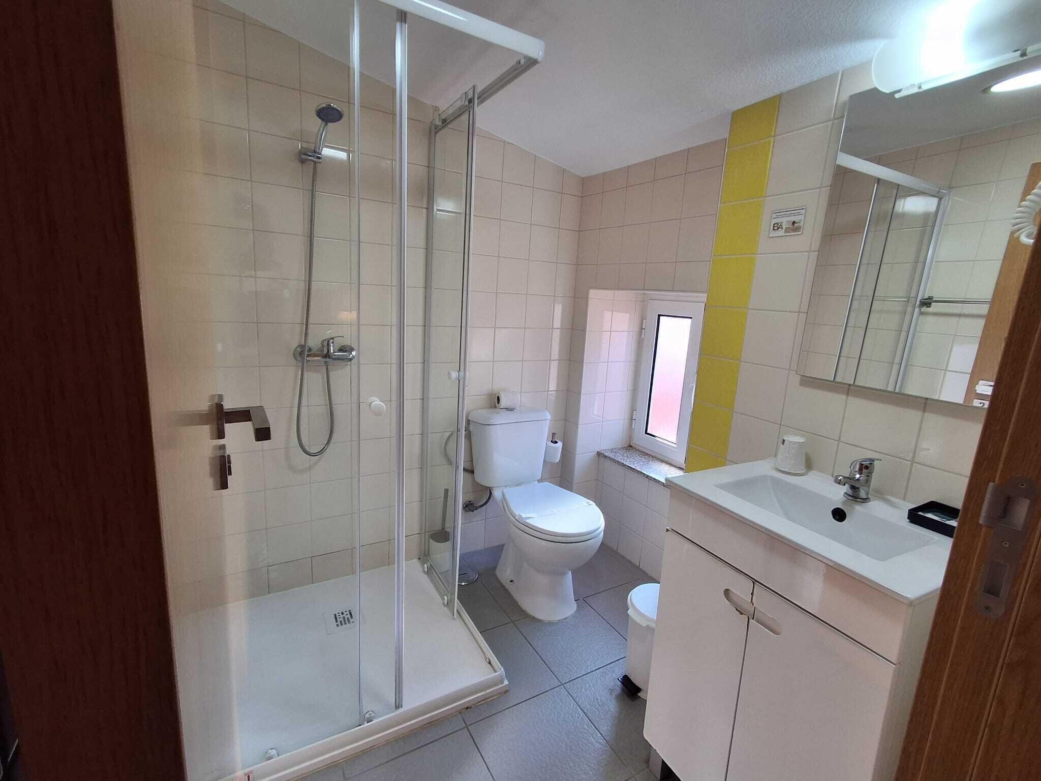 A bathroom with a glass-enclosed shower, a toilet, and a sink with a mirror above it.