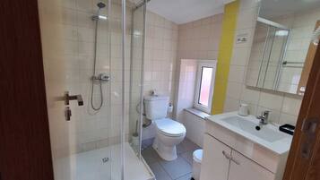 A bathroom with a glass-enclosed shower, a toilet, and a sink with a mirror above it.