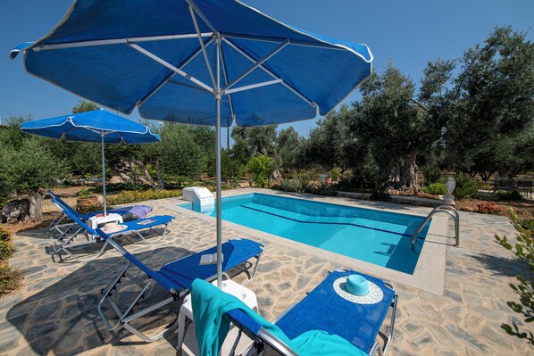 A swimming pool with lounge chairs and umbrellas, surrounded by stone tiles and greenery. - Villa Amelia, modern and tasteful house in Cretan nature (Rethymno)