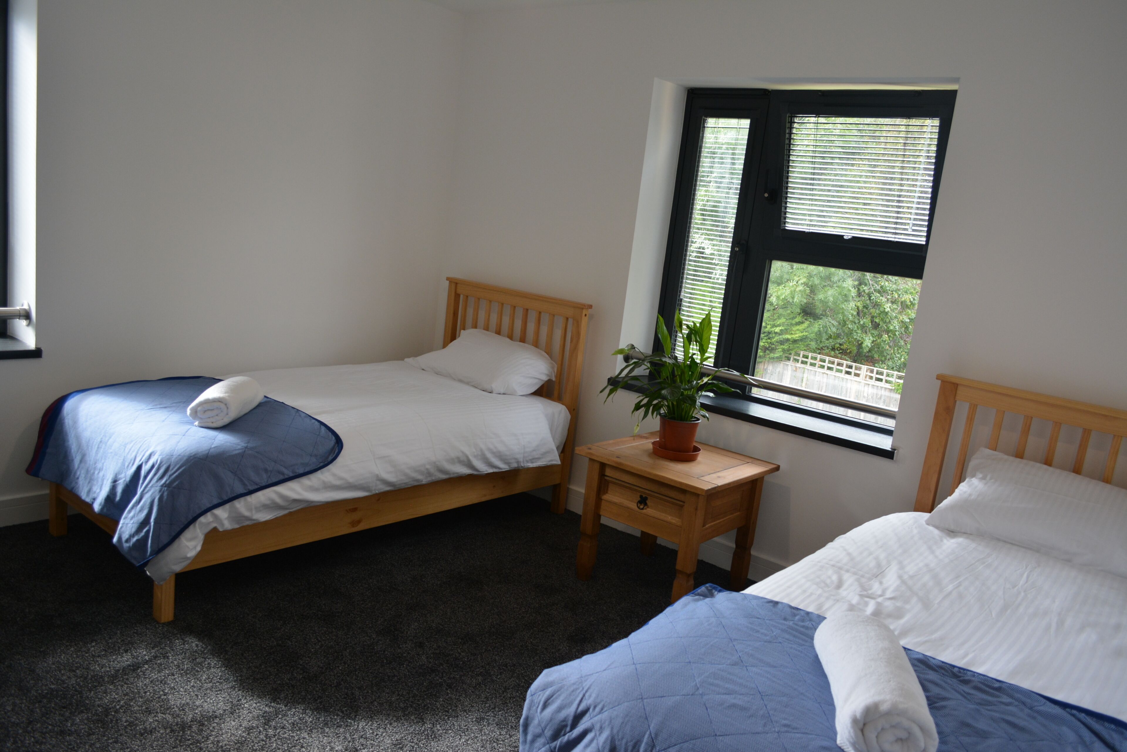 Ein Schlafzimmer mit zwei Einzelbetten, einem kleinen Nachttisch mit einer Topfpflanze und einem Fenster mit Jalousien.